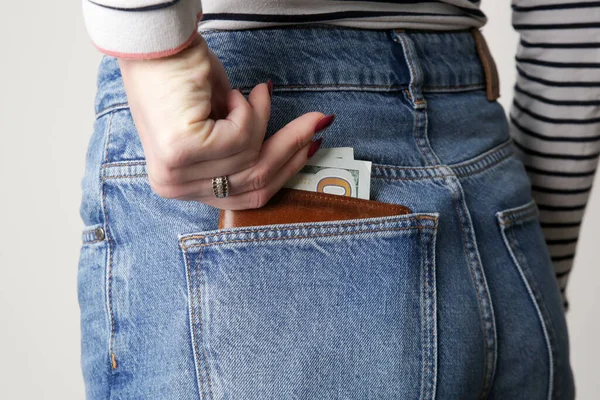 Woman Wallet Full American Dollars Her Pocket — Stock Photo, Image