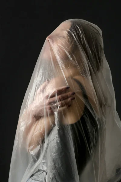 Woman Wrapped Plastic Sheet Studio Shot Woman Mental Health Concept — Stock Photo, Image