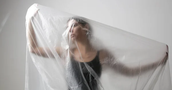 Woman Wrapped Plastic Sheet Studio Shot Woman Mental Health Concept — Stock Photo, Image