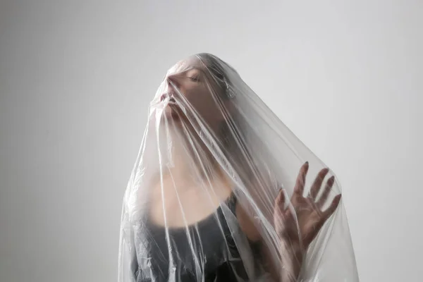 Woman Wrapped Plastic Sheet Studio Shot Woman Mental Health Concept — Stock Photo, Image