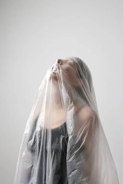 Woman Wrapped Plastic Sheet Studio Shot Woman Mental Health Concept — Stock Photo, Image