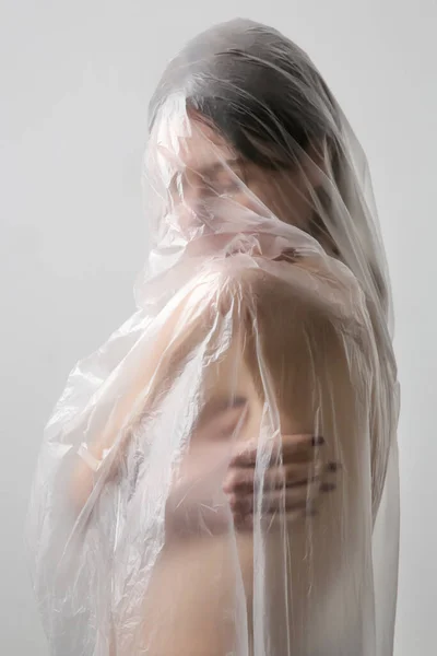 Woman Wrapped Plastic Sheet Studio Shot Woman Mental Health Concept — Stock Photo, Image