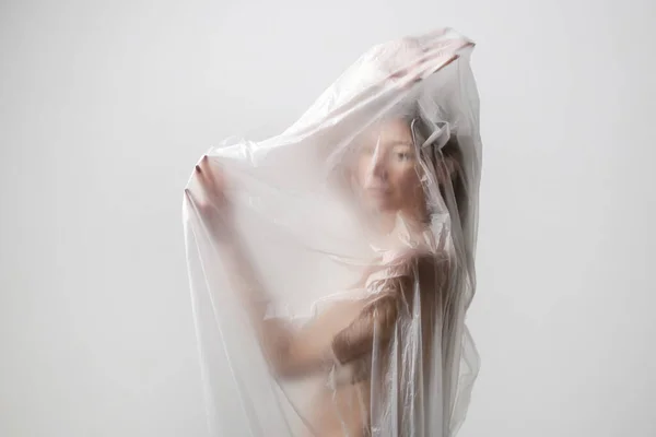 Woman Wrapped Plastic Sheet Studio Shot Woman Mental Health Concept — Stock Photo, Image