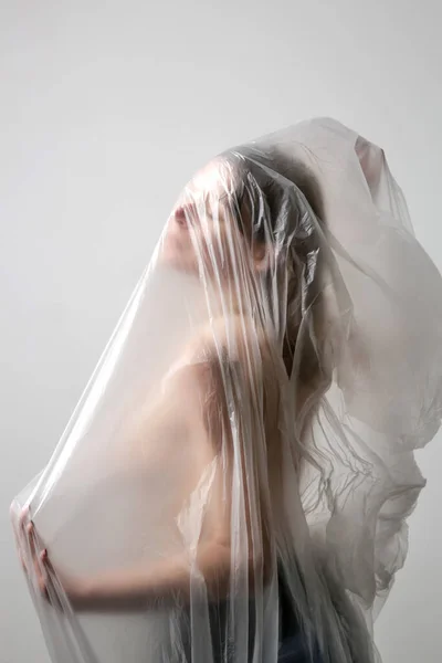 Woman Wrapped Plastic Sheet Studio Shot Woman Mental Health Concept — Stock Photo, Image