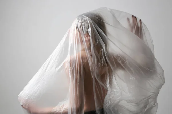 Woman Wrapped Plastic Sheet Studio Shot Woman Mental Health Concept — Stock Photo, Image