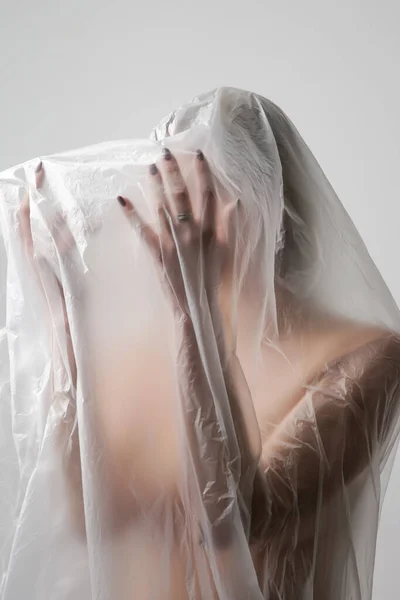 Woman Wrapped Plastic Sheet Studio Shot Woman Mental Health Concept — Stock Photo, Image