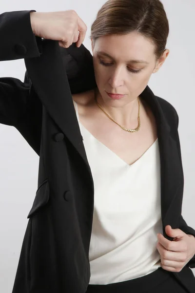 Female Model Wearing Black Tailored Blazer Studio Shot — Stock Photo, Image