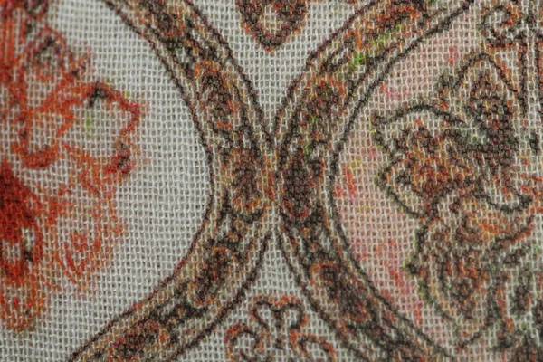 Detailní Záběr Texturované Lněné Tkaniny Geometrickým Potiskem — Stock fotografie