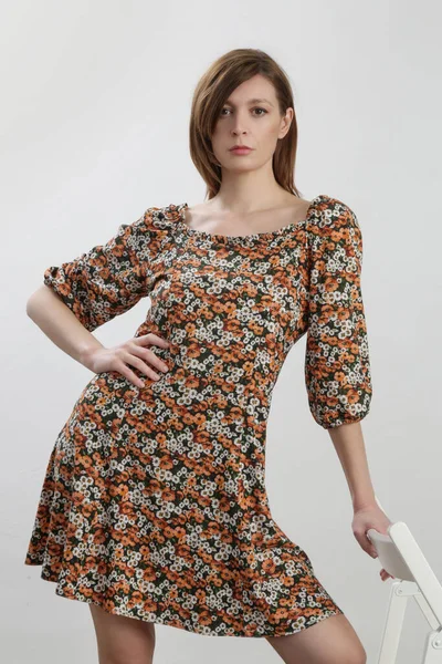 Studio Shot Woman Floral Summer Dress — Stock Photo, Image