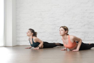 Yoga stüdyosunda gerinme hareketleri yapan iki genç kadın. Refah ve kendine bakım kavramı.