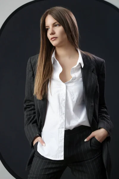 Studio Portrait Fashionable Girl White Button Shirt Striped Oversized Suit — Foto de Stock