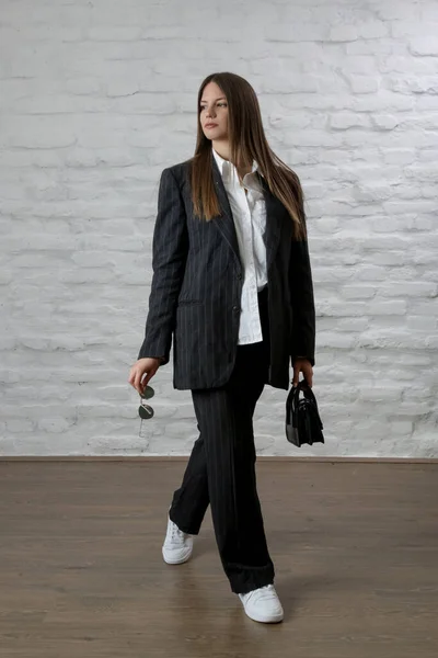 Studio Portrait Fashionable Girl White Button Shirt Striped Oversized Suit — ストック写真