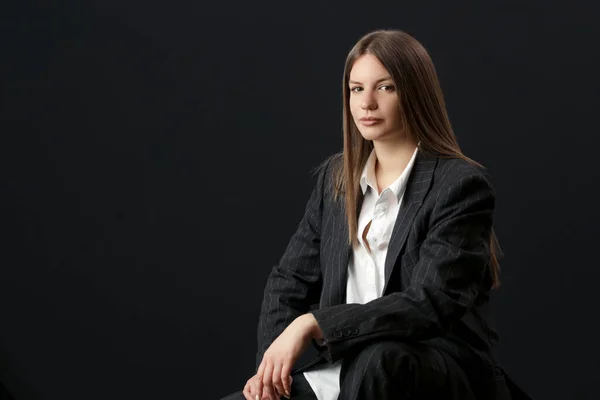 Studio Portrait Fashionable Girl White Button Shirt Striped Oversized Suit — Foto Stock
