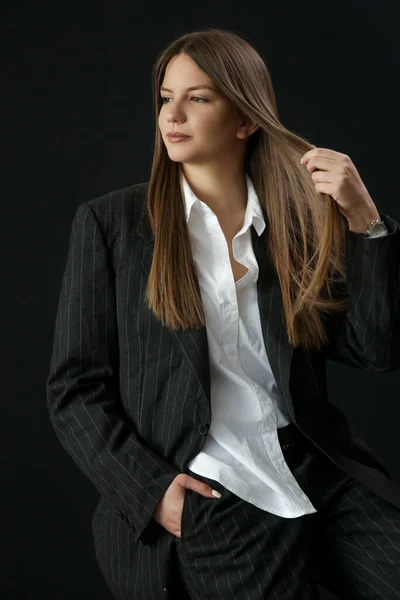 Studio Portrait Fashionable Girl White Button Shirt Striped Oversized Suit Stock Photo