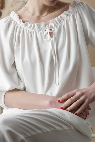 Female Model Wearing Linen Outfit Natural Organic Linen Clothing Studio — Fotografia de Stock