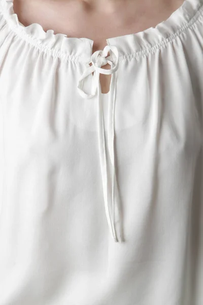 Fashion Model Wearing White Peasant Blouse Close Studio Shot — Fotografia de Stock