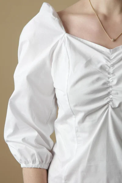 Fashion Model Wearing White Peasant Blouse Close Studio Shot — Photo