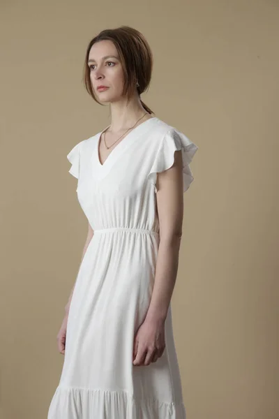 Studio Shot Woman Long White Summer Dress — Stock Photo, Image