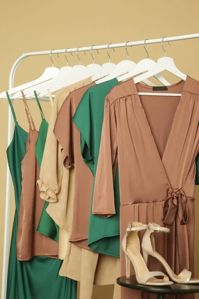 Display Elegant Silk Clothes Rack Luxurious Garments Fashion Atelier — Stock Photo, Image