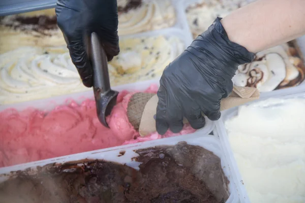 Person Holding Ice Cream Cone Scooping Ice Cream Deep Freezer — Stock Photo, Image