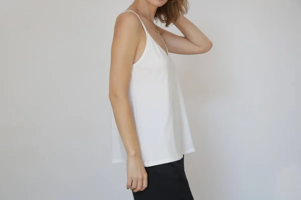 Woman White Cotton Camisole Shirt Studio Shot — Foto Stock