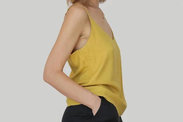 Close Portrait Caucasian Woman Yellow Linen Camisole Shirt — Fotografia de Stock