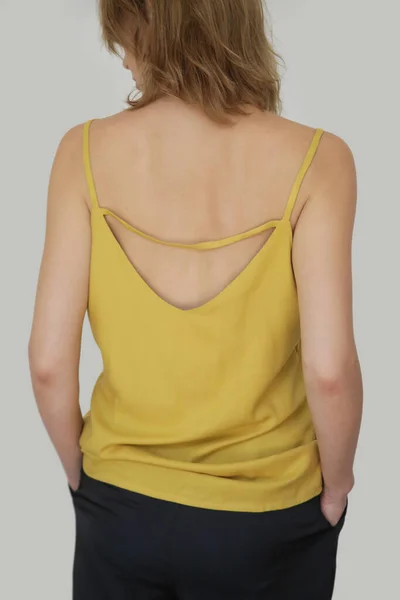 Close Portrait Caucasian Woman Yellow Linen Camisole Shirt — Foto de Stock