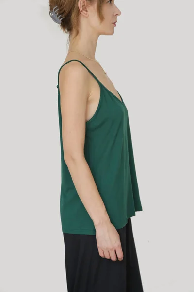 Woman Green Cotton Camisole Shirt Studio Shot — Zdjęcie stockowe