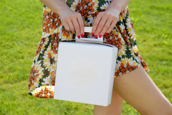Close Female Holds Hand Lunch Box Unmarked Clear Empty Blank — Fotografia de Stock