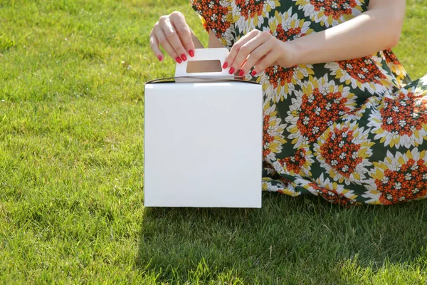 Close Female Holds Hand Lunch Box Unmarked Clear Empty Blank — Fotografia de Stock