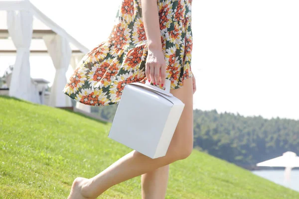 Close Female Holds Hand Lunch Box Unmarked Clear Empty Blank — стоковое фото