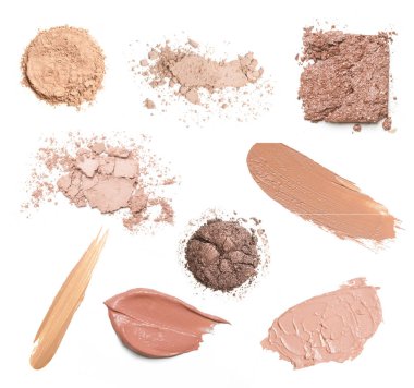 Beyaz arka planda sıvı, susam ve toz makyaj örnekleri var. Dekoratif kozmetik lekeler. Kapatıcılar, düzelticiler ve temel örnekleri.