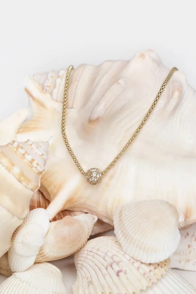 Выстрел Ожерелья Золотое Ожерелье Круглым Кулоном Фоне Морской Раковины Фотография — стоковое фото