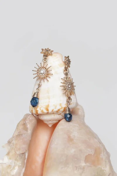 Earrings Product Shot Golden Vintage Earrings Marine Shell Background Jewelry — Zdjęcie stockowe