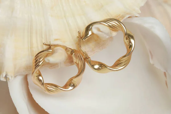 Earrings Product Shot Golden Hoops Marine Shell Background Jewelry Fashion — Stok fotoğraf