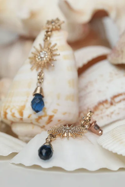 Earrings Product Shot Golden Vintage Earrings Marine Shell Background Jewelry — Stock fotografie