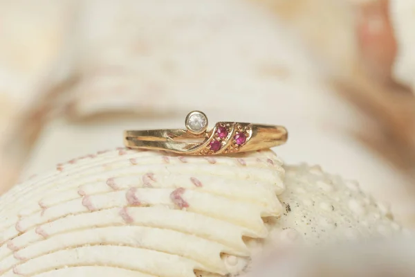 Ring Product Schot Gouden Ring Mariene Schelpachtergrond Sieraden Mode Fotografie — Stockfoto