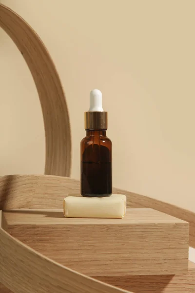 Mockup Cosmetic Amber Glass Bottle Pipette Stylish Minimalist Wooden Pedestal — Stock Photo, Image