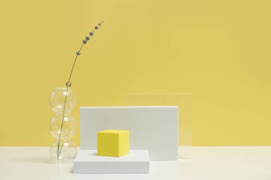 Soyut asgari modern sahne. Çeşitli geometrik şekillerden modern set. Ürün sunumu için stil arkaplanı.
