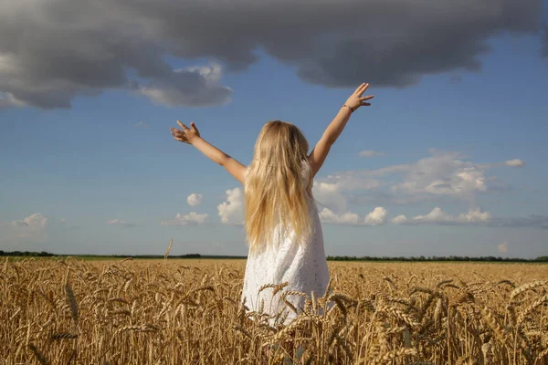 Красивая Маленькая Девочка Белом Платье Пшеничном Поле — стоковое фото