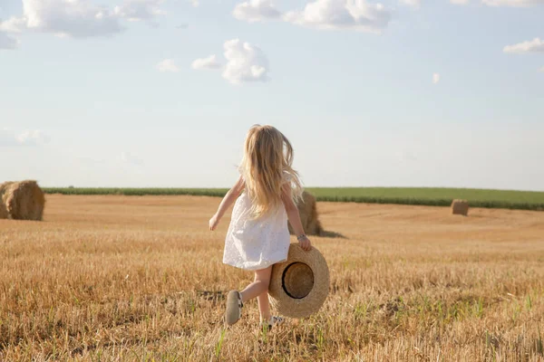 Menina Adorável Vestido Branco Campo Trigo — Fotografia de Stock