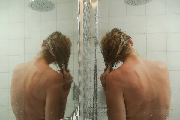 Young Woman Taking Shower Washing Her Hair Shower Cabine — 스톡 사진
