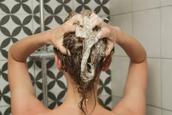 Young Woman Taking Shower Washing Her Hair Shower Cabine — стоковое фото