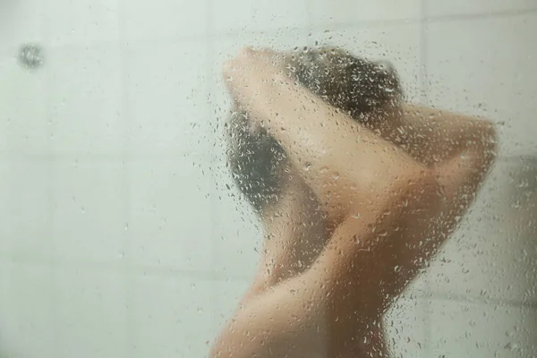 Young Woman Taking Shower Washing Her Hair Shower Cabine — стоковое фото