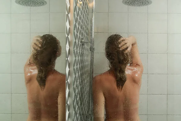 Young Woman Taking Shower Washing Her Hair Shower Cabine — Fotografia de Stock