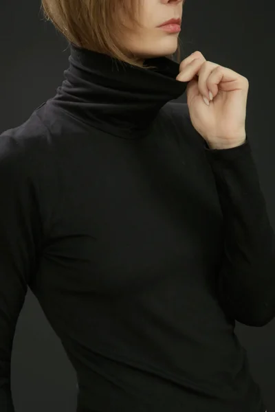 Portrait Young Female Model Wearing Black Cotton Turtleneck — Photo