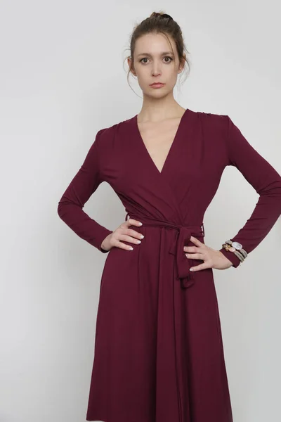 Serie Studio Photos Young Female Model Burgundy Wrap Dress — Zdjęcie stockowe