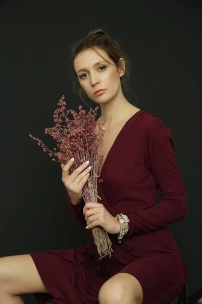 Serie Studio Photos Young Female Model Burgundy Wrap Dress Holding — Photo
