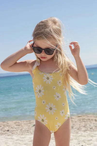 Portrait Years Old Girl Yellow Swimsuit Long Blonde Hair Blue — Zdjęcie stockowe