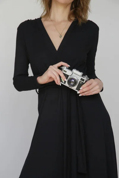 Serie Studio Photos Young Female Model Black Viscose Wrap Dress — Foto Stock